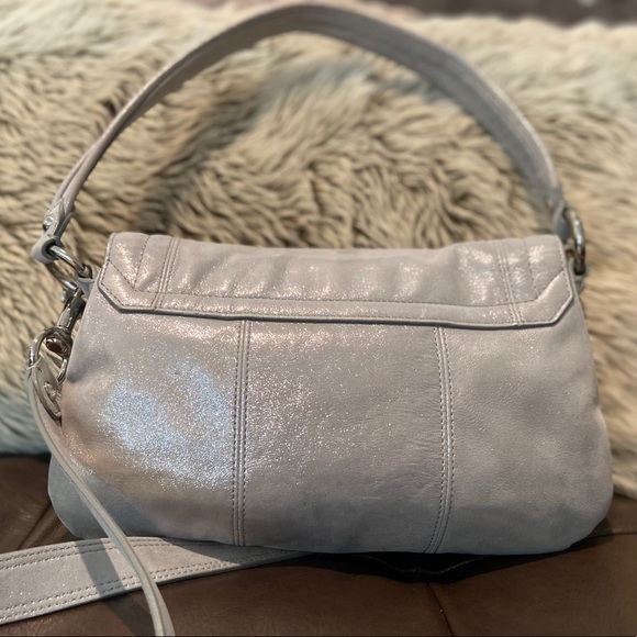 Shimmery Coach Poppy Gray Layla Silver Flap Bag - Picture 6 of 12